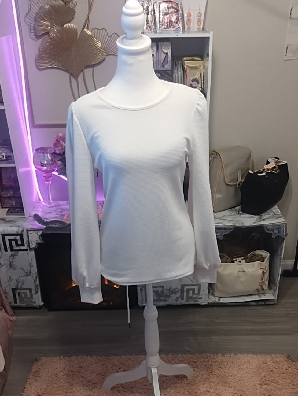 Express White Ribbed Long Sleeve Crewneck Top